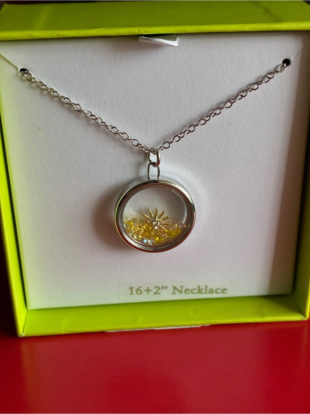 Silver Necklace with Yellow Crystal Flower Pendant 16”adjustable
